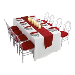 Carla-rectangular-dining-table-white-cover-with-dior-acrylic-chair-red-table-runner-setup