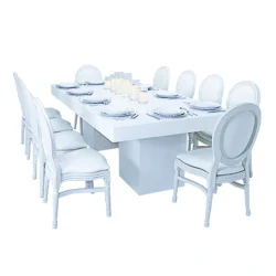 Melanie-rectangular-dining-table-with-white-dior-chair-setup-rental